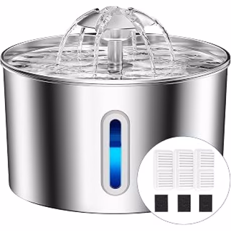 Fuente de agua para gatos de acero inoxidable, dispensador automático de agua grande de 74 onzas / 2.2 L para perros de interior, fuentes para beber con 3 filtros, regalos para gatos y gatitos, cuencos para perros sin derrames