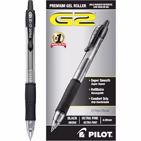 G2 Premium 31277 — 12 bolígrafos de gel retráctiles y recargables, tinta negra, punta ultrafina
