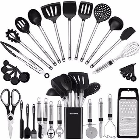 Juego de 33 utensilios de cocina de silicona y acero inoxidable