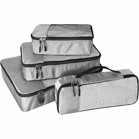 Juego de 4 cubos de embalaje de accesorios de viaje para maletas, bolsas organizadoras de equipaje con doble cremallera, parte superior de malla, pequeño/grande, delgado, color gris