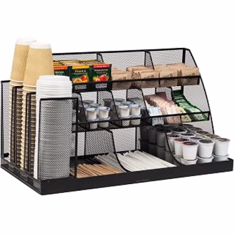 Mind Reader — Organizador negro de malla metálica de tres niveles para tazas y condimentos