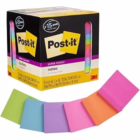 Notas adhesivas de 3 x 3 pulgadas, 15 blocs de 45 hojas, colores surtidos