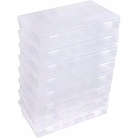 Ocho cajas transparentes de plástico de treinta y seis cuadrículas para cuentas