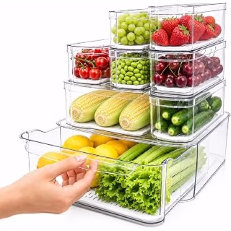 Ocho contenedores transparentes para refrigerador con bandejas de drenaje, un cajón y siete recipientes con tapa