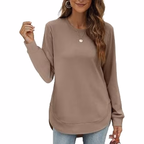 OFEEFAN - Sudadera para mujer con cuello redondo, camisas de manga larga, tops de largo desigual, dobladillo curvado
