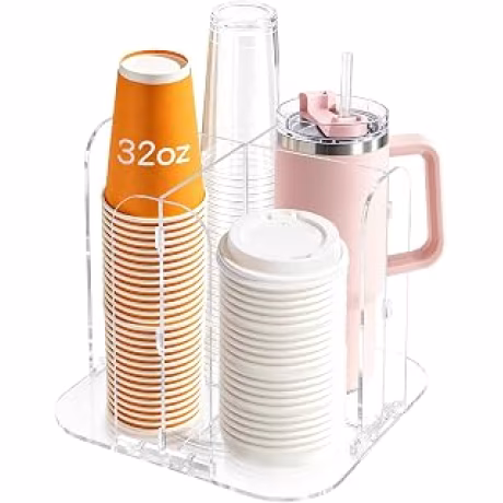 Organizador acrílico transparente giratorio de cuatro compartimentos para vasos, tapas y pajitas