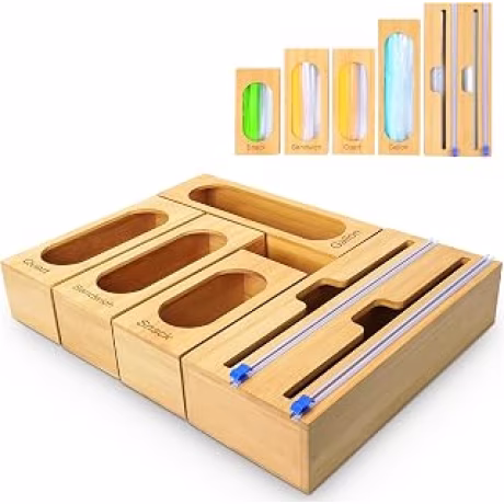 Organizador de bolsas de cocina de bambú con cinco cajas independientes, cortador y tapa magnética