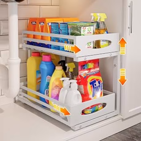 Organizador de metal de dos niveles para debajo del fregadero, con altura ajustable