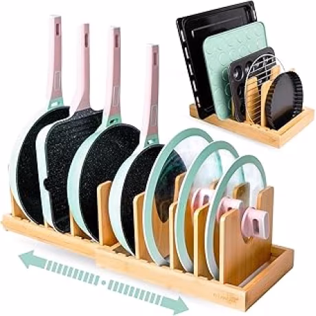 Organizador expandible de bambú para tapas, sartenes y tablas de cortar