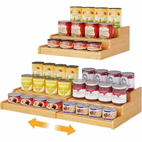 Organizador extensible de bambú para latas, tres niveles