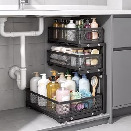 Organizador metálico extraíble de tres niveles para debajo del fregadero con altura ajustable