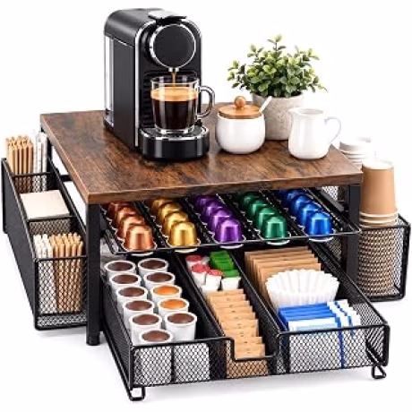 Organizador negro de café de dos niveles con cajones deslizantes y soportes laterales para vasos y tapas