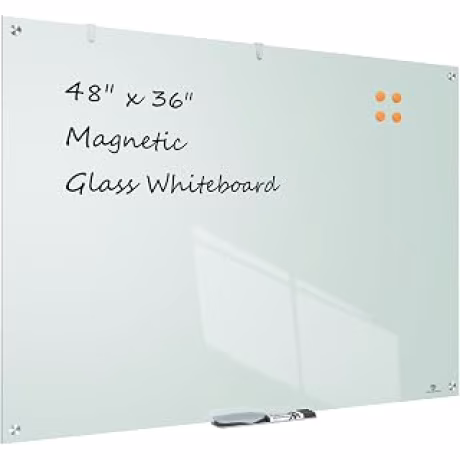 Pizarra de cristal de borrado en seco, 48 x 36 pulgadas, pizarra blanca de vidrio montada en la pared, gran pizarra blanca magnética sin marco para oficina, hogar y escuela, color blanco