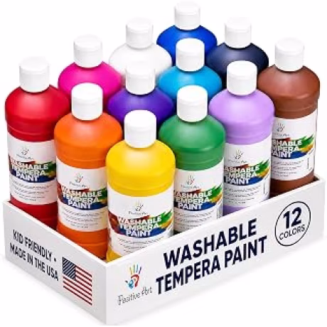 Positive Art Pintura lavable para niños, 12 colores, botellas de 16 onzas, juego de pintura al temple no tóxica para la escuela y el aula, sin parabenos