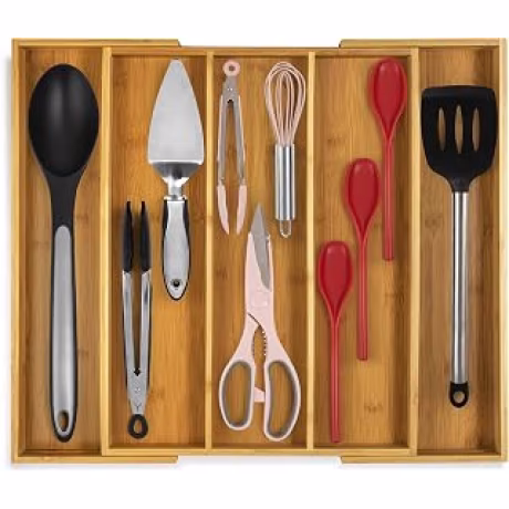 Purawood — Organizador extensible de bambú para cubiertos y utensilios, de tres a cinco compartimentos