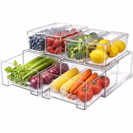 Seis organizadores de refrigerador: dos extraíbles y cuatro recipientes con bandejas de drenaje