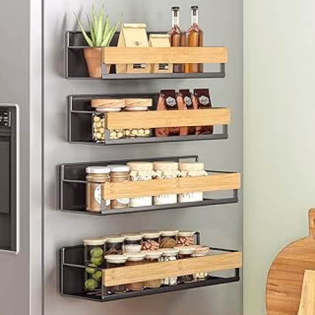 SONGMICS BYSTRO — Cuatro especieros magnéticos de bambú para refrigerador, negro y bambú claro