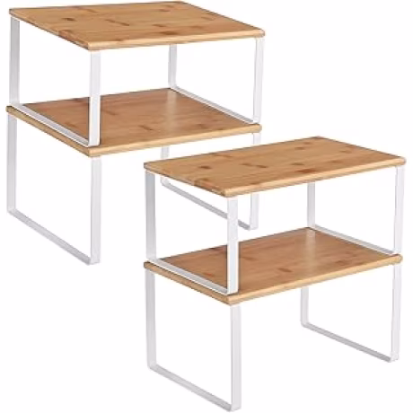 SONGMICS UKCS010N01 — Cuatro estantes para especias de acero y bambú, blanco y natural