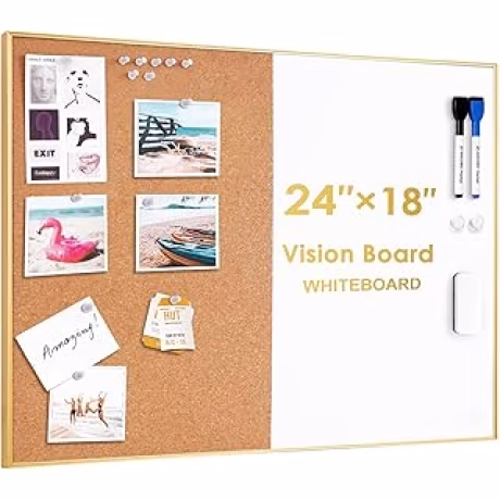 Tablero combinado de corcho y pizarra magnética de 24 x 18 pulgadas, marco dorado