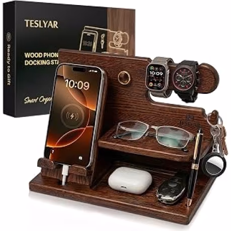 TESLYAR organizador de escritorio de madera con soporte para teléfono