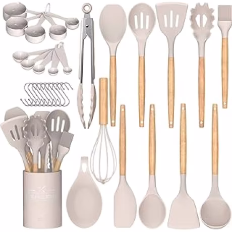 Umite juego de 24 utensilios de silicona con mangos de madera, caqui