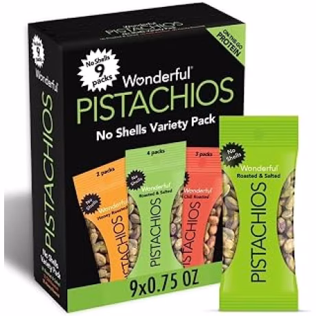 Wonderful Pistachios Sin cáscaras, 3 sabores variados paquete de 9 (0.75 onzas), nueces tostadas y saladas (4), chile (3), miel (2), aperitivos de proteínas, sin gluten