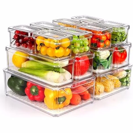 ZIJUND — Catorce recipientes organizadores apilables para refrigerador con tapas, tres tamaños