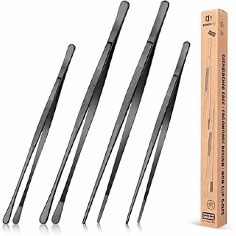 BUNDLEPRO, cuatro pinzas finas negras para cocina de 10 y 12 pulgadas