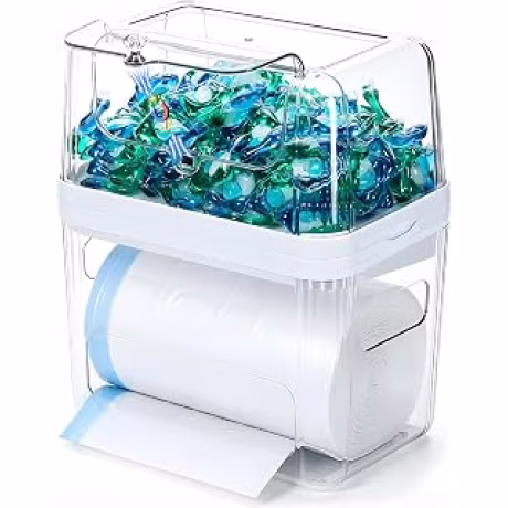 Dispensador acrílico tres en uno para bolsas de basura y cápsulas