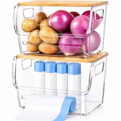 Dos contenedores para papas y cebollas con tapas de bambú