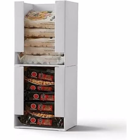 Dos dispensadores verticales blancos apilables para ramen y aperitivos envasados