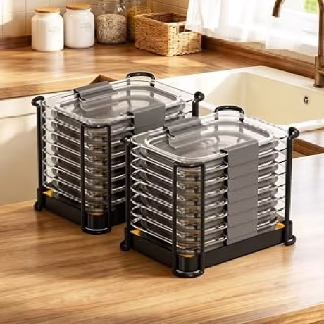 Dos soportes metálicos con base de bambú para tapas Rubbermaid Brilliance de 3,2 y 4,7 tazas