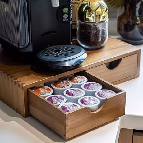 FLYIEE, organizador negro de madera con cajón para cápsulas de café y té