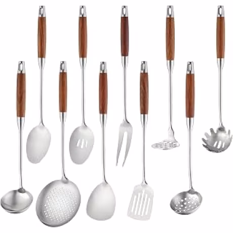 Izurok, diez utensilios de cocina de acero inoxidable con mangos de madera