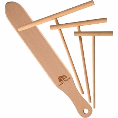 Juego de madera para crepes con tres extendedores en T y una espátula