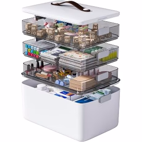 MOPUP — Caja vacía blanca de cuatro niveles para medicamentos con tapa y asa