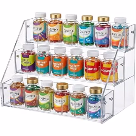 Organizador acrílico de tres niveles para frascos de vitaminas y medicamentos