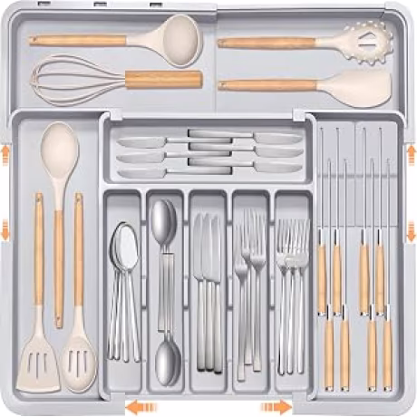 Organizador ajustable de cubiertos con dos bloques para cuchillos