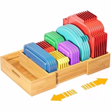 Organizador expandible de bambú para tapas con tres divisores ajustables