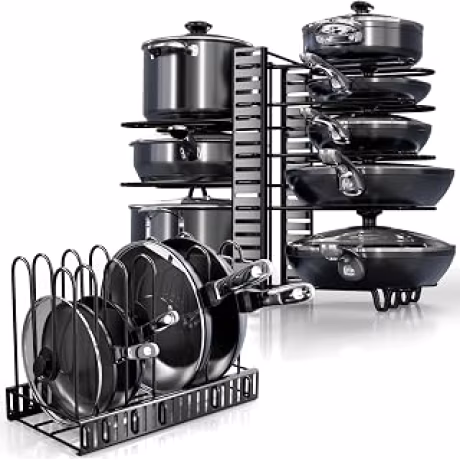 Organizador negro ajustable de ocho niveles para ollas y sartenes