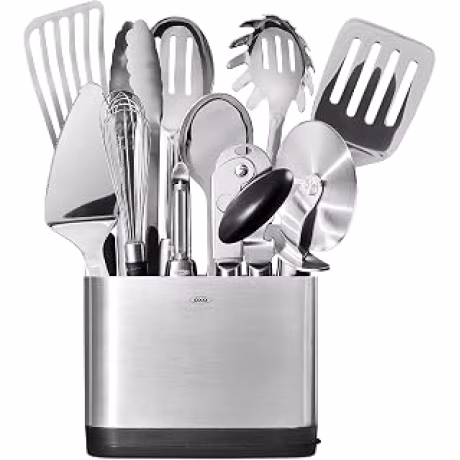 OXO, juego de quince piezas de acero inoxidable con soporte para utensilios