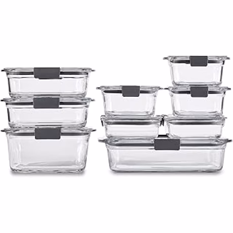 Rubbermaid Brilliance — Juego de nueve recipientes de vidrio transparentes para alimentos
